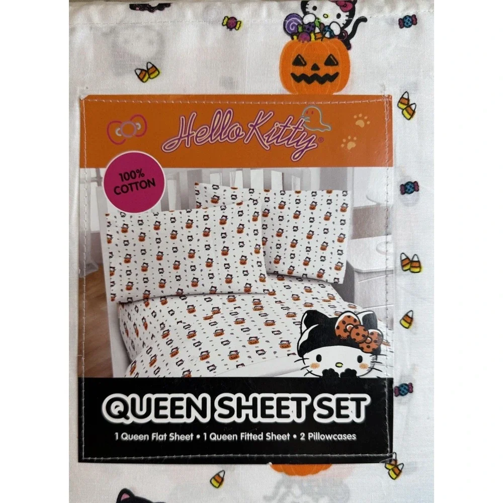 Hello Kitty Halloween‎ 4 Piece Queen Sheet Set Cats & Pumpkins NEW